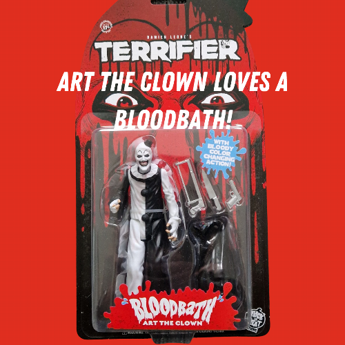 Trick Or Treats Terrifier Art The Clown 5” Action Figure Arrives With a Bloodbath! Terrifier, Art the Clown arrives from Trick or Treat and can change from Clean to terrifying Bloody Blood Colour by Submerging and spraying the figure with water!