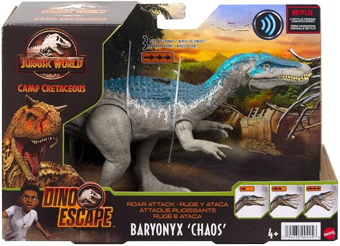 JURASSIC WORLD ROAR ATTACK! BUY NOW BEFORE THEY BECOME EXTINCT! These medium-sized Roar Attack dinosaur action figures are inspired by the animated series, Jurassic World: Camp Cretaceous and are battle ready! Activate the strike feature and hear three levels of aggressive sounds that build up to a mighty roar. Each strike action is iconic to its respective species. 